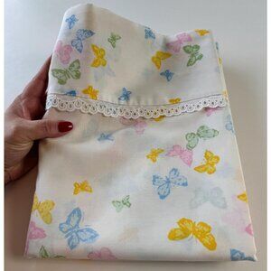 Vintage 70s flat sheet, yellow, pink, blue green butterflies, twin size, Dior